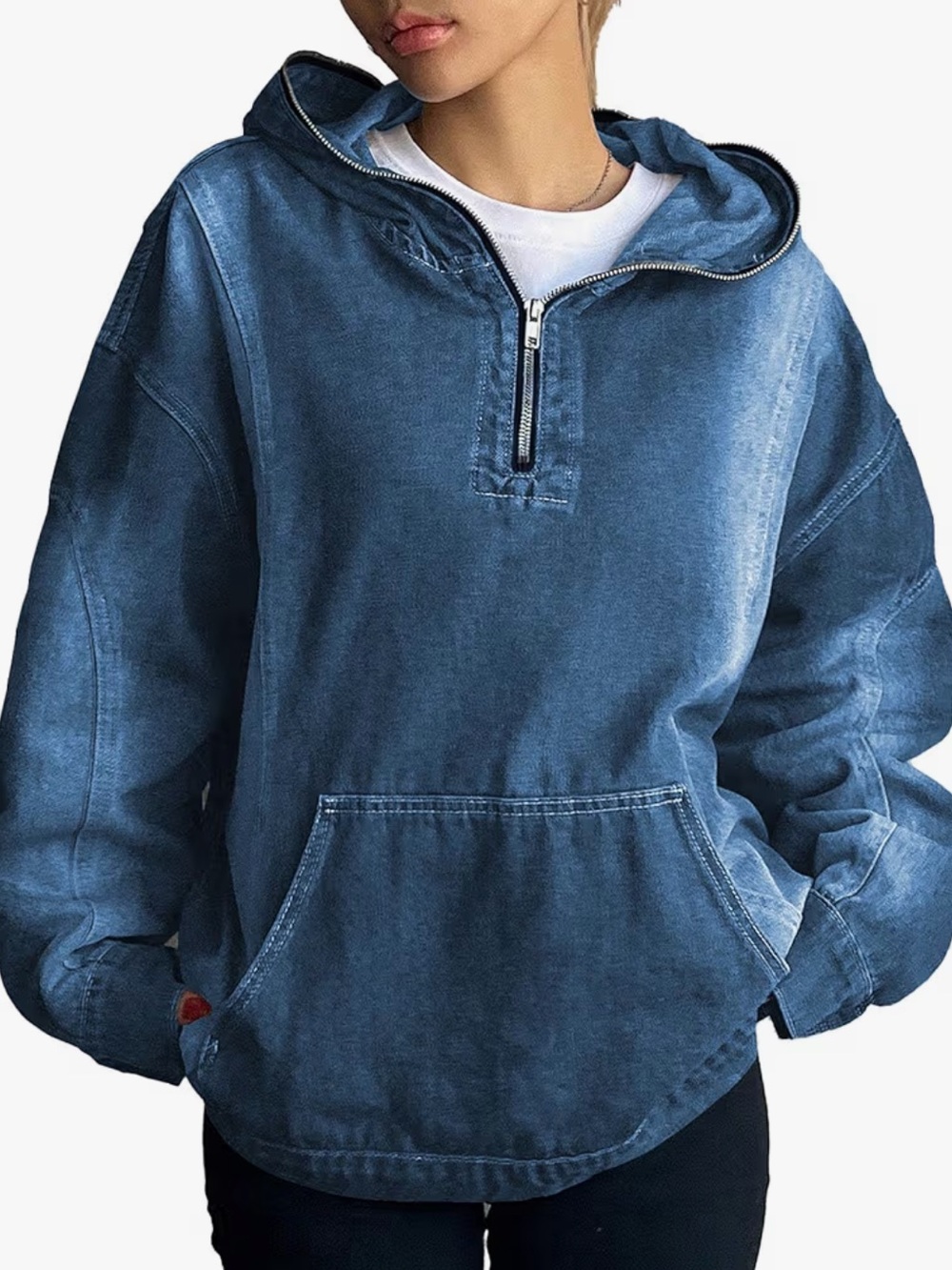 Denim Half-Zip Oversized Hoodie Pullover Kangaroo Pocket Snap Cuffs Size Medium